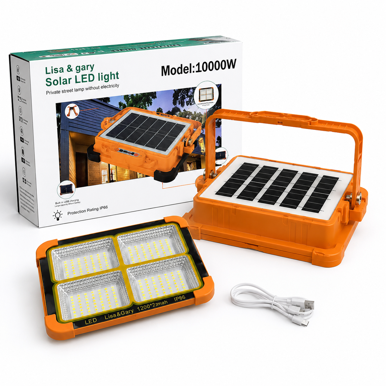 چراغ پروژکتور خورشیدی LED شارژی مدل 10000W با پنل خورشیدی، پاوربانک و پایه تاشو